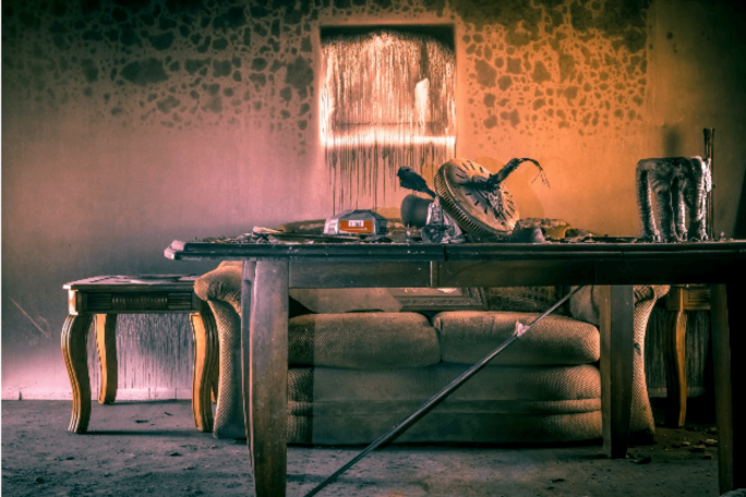 Interior room of a home damaged by a fire Interior room of a home damaged by a fire